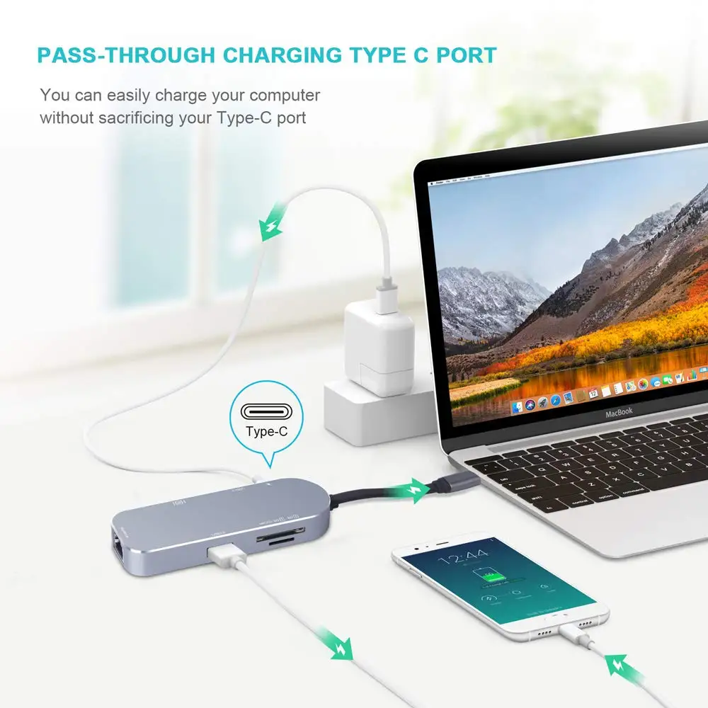 Onvian USB C концентратор 7 в 1 адаптер концентратор USB C до USB 3,0 HDMI SD TF карты Ethernet 4K USB hub-разветвитель Примечание мощность PD для MacBook Pro