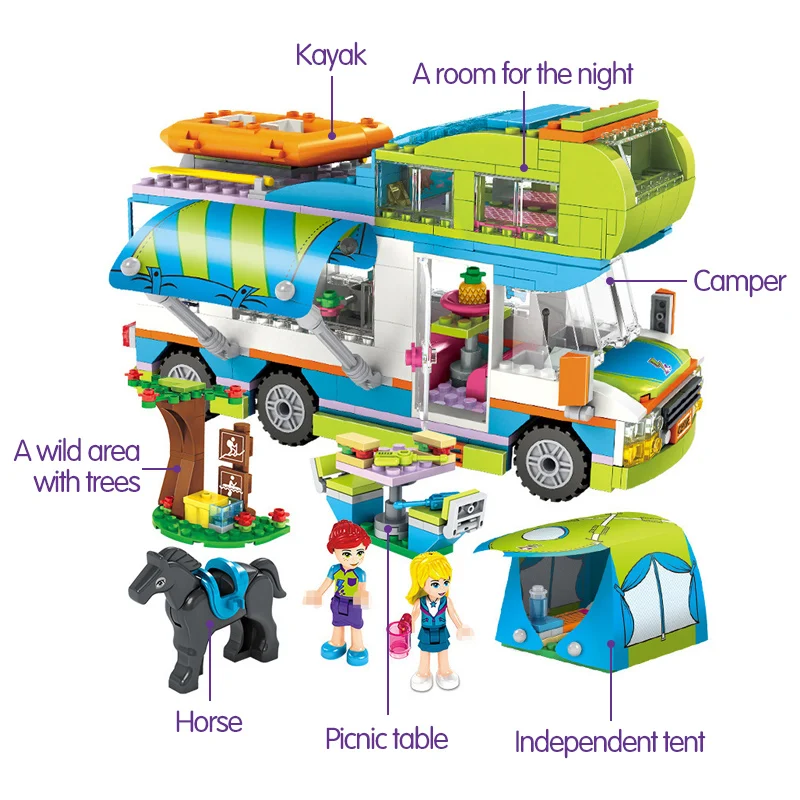 

534pcs City Outing Camper Bus Car Girls Figures Building Blocks Compatible Legoinglys Friends Bricks Educational Toys for Girls
