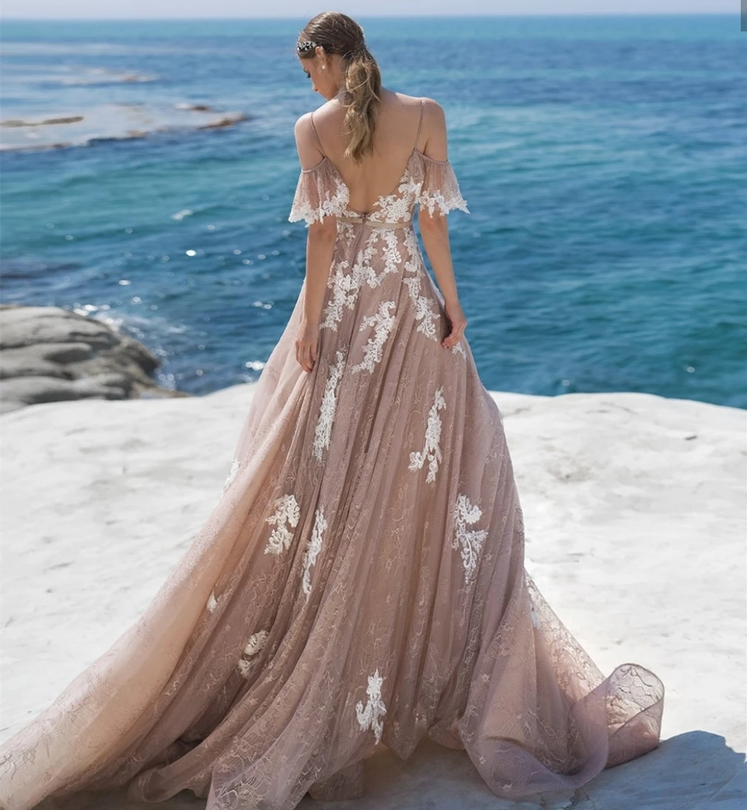 Robe de mariee Бохо свадебное платье Тюль спинки Спагетти ремень Красочные Brial и Пляж сексуальное свадебное платье-Бохо длинное с открытой спиной
