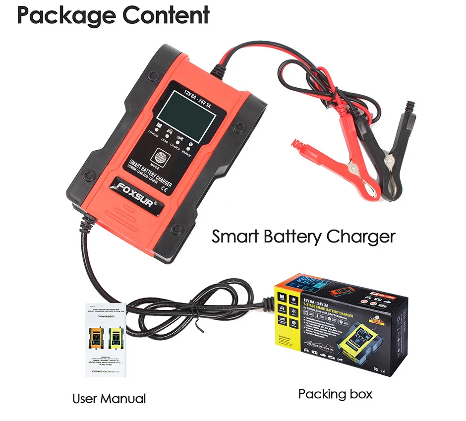 Truck Battery Charger Heavy Duty , FOXSUR 12V 6A 24V 3A Car Smart Battery Charger Fast Charge AGM LiFePO4 Lead-Acid Battery Truck Battery Charger Heavy Duty , FOXSUR 12V 6A 24V 3A Car Smart Battery Charger Fast Charge AGM LiFePO4 Lead-Acid Battery