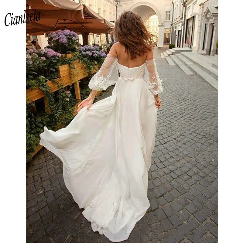

Sexy Sweetheart Long Sleeves High Split Bohemian Wedding Dress With Sashes Handmade Flowers Pleat Boho Bridal Wedding Dresses