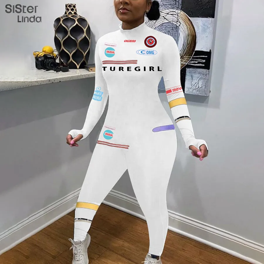 

Sisterlinda Fashion Fitness Long Sleeve Jumpsuit For Women Fall Elasticity High Tracksuit Zipper Letter Print Rompers Streetwear