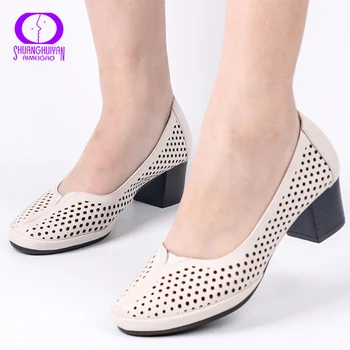 

AIMEIGAO Autumn Spring Slip-on Hollow Out Women Shoes Soft Leather Square Heels Casual Sandals Solid Women High Heels Pumps