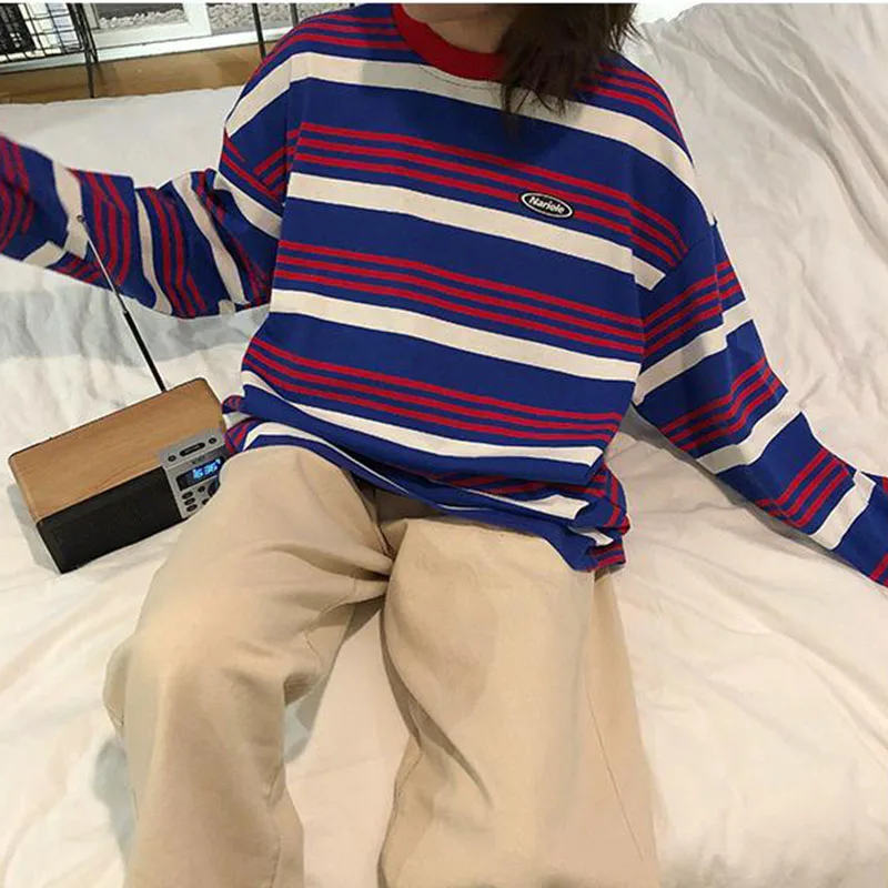 

Fall Korean version Simple Striped long sleeve rainbow stripe Round neck Men's T-Shirts Loose Fitted shirt men camiseta hombre