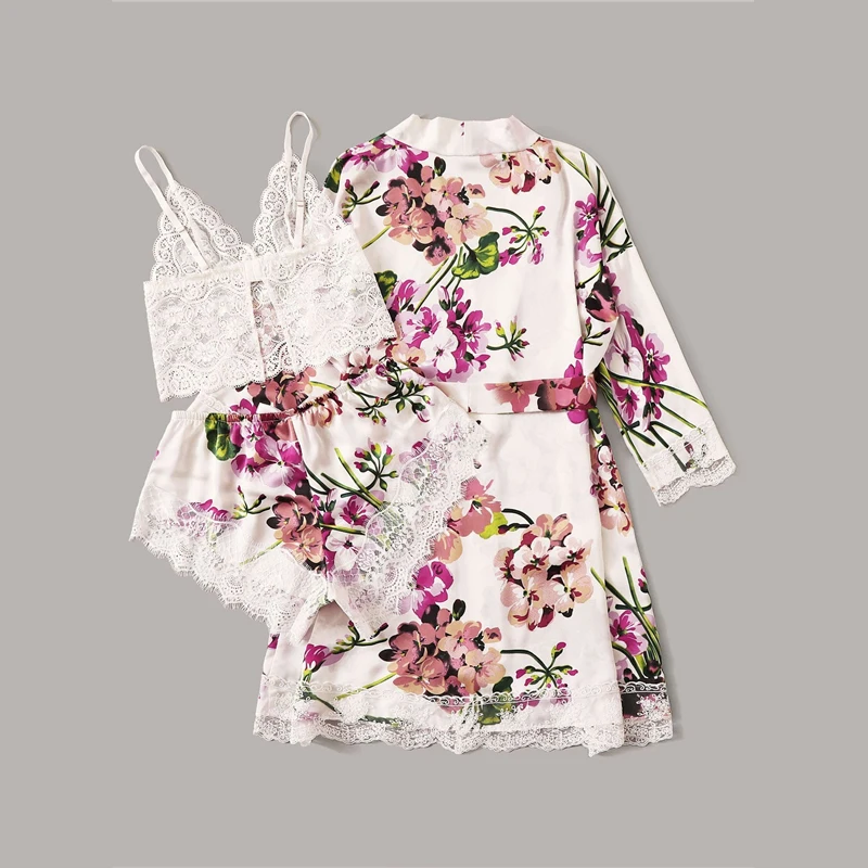 SHEIN многоцветный цветочный кружевной бюстгальтер без косточек с атласными шортами и поясом набор халатов женская пижама Сексуальное нижнее белье наборы