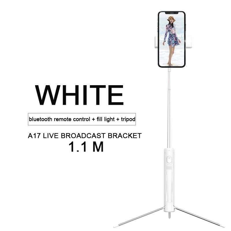 white 1.1M A17 беспроводной Bluetooth штатив селфи палка с заполняющий светильник светодиодный портативный селфи палка для iOS Android телефон Live Sream путешествия - Цвет: white 1.1M