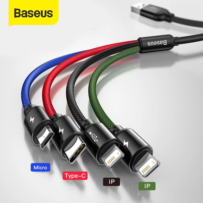 Baseus 4 in 1 USB Type C Cable for iPhone 11 Pro Max 3 in 1 USB Cable USB C Cable for Samsung Xiaomi Note 8 Pro Micro USB Cable