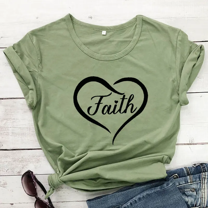 

100% Cotton Faith Heart T-shirt Cute Women Graphic Christian Top Tee Shirt Religious Summer Short Sleeve Jesus Easter Tshirt