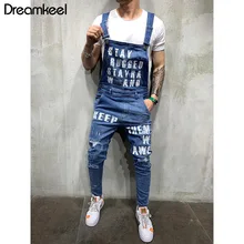 Мужские джинсовые комбинезоны с дырками и карманами, джинсовый комбинезон с буквенным принтом для мужчин, уличная одежда, штаны на подтяжках, размер хип-хоп Y