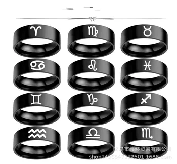 

12 Constellations Zodiac Sign Finger Rings Women Girls Black Sliver Color Stainless Steel Ring Anel Anillos Jewelry Size 6-13