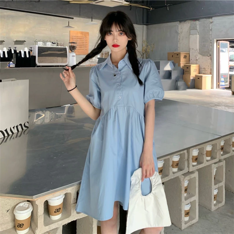 Vestido feminino fino estudantes diário a linha verão estilo coreano kawaii  retalhos moda simples casual puff manga retro acima do joelho - AliExpress