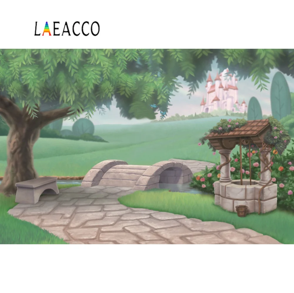 

Laeacco Photographic Backgrounds Fairytale Castle Green Tree Bridge Flower Scenic Photocall Photo Backdrops For Photo Studio