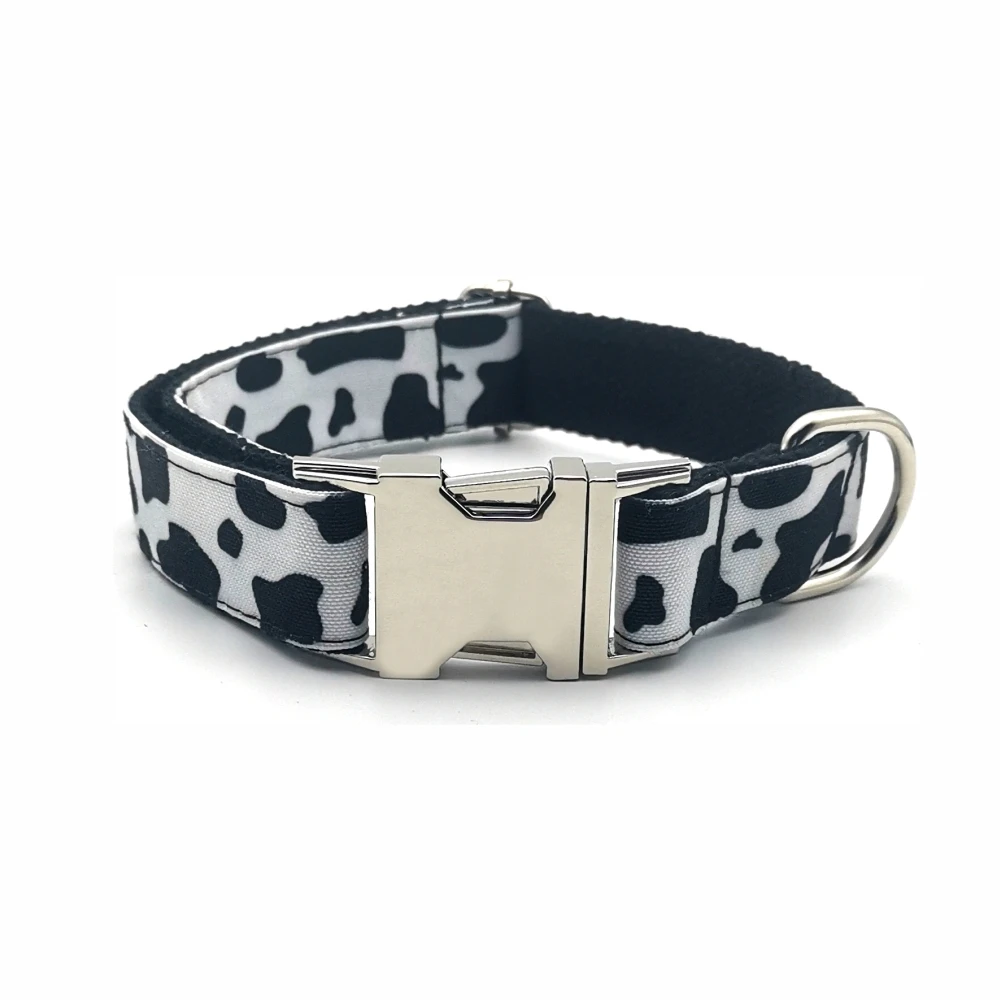 personalizado padrão de vaca pet collar personalizado filhote de cachorro id tag gato ajustável acessório preto branco básico coleiras do cão conjunto coleira