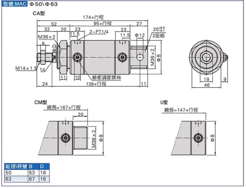 pneumáticas furo 40mm, ma40 * 25 50 75 100 125 150 175 200-500