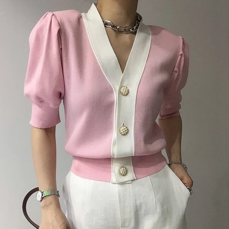 

2021 New Summer Knit Pink Cardigan V Neck Long Sleeve Single Breast Pull Femme Hit Color Patchwork Sweaters for Women Sueter