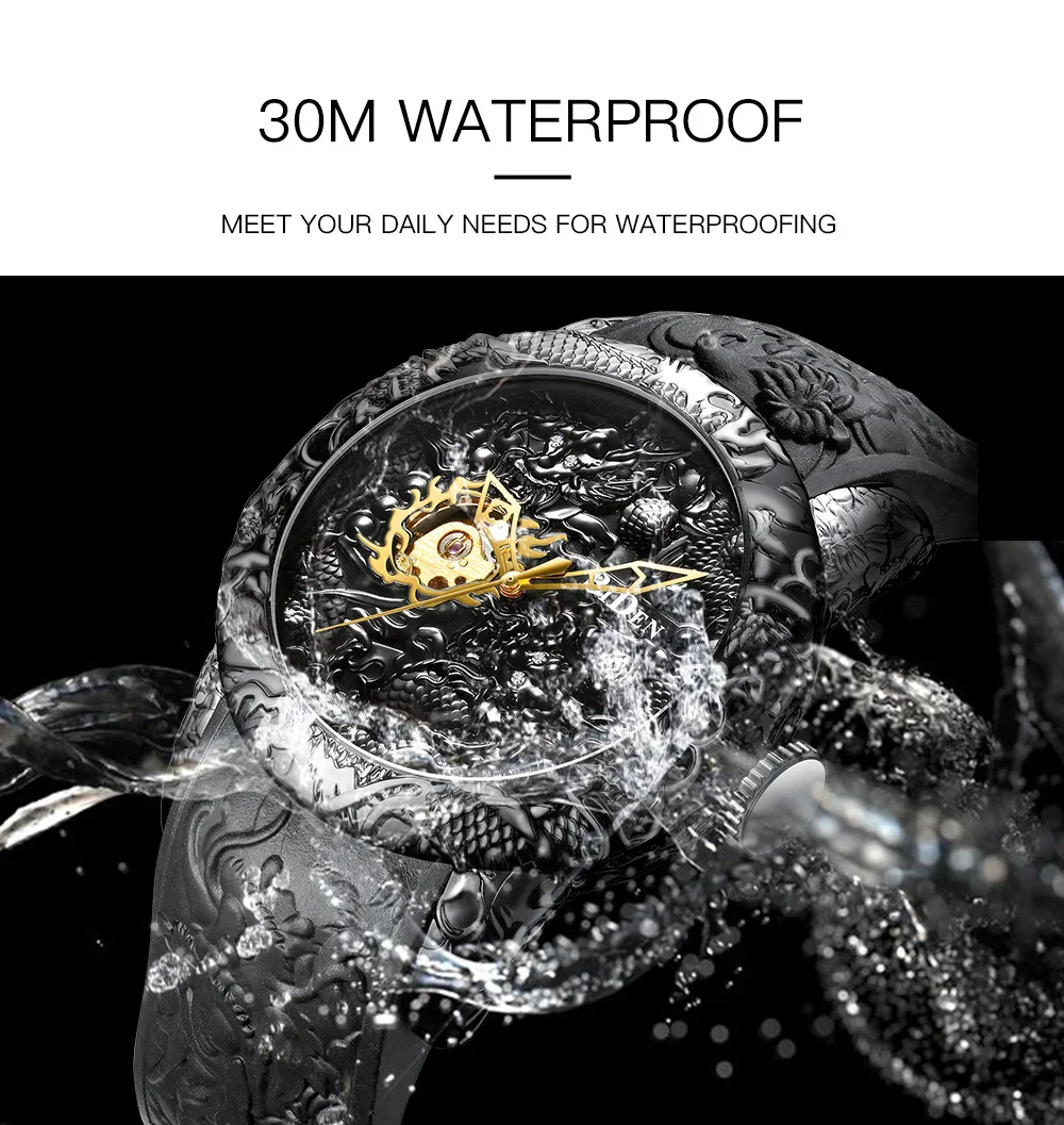 Automatic Mechanical Watch Luxury Black Gold Dragon Sculpture