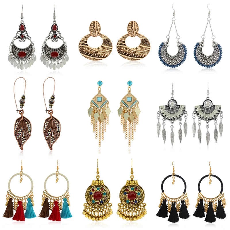 

Ethnic style Geometric Irregular Earrings Fan Shaped Water Drops Tassel Stone Color Bohemian Beads Earrings Women Retro Jewelry