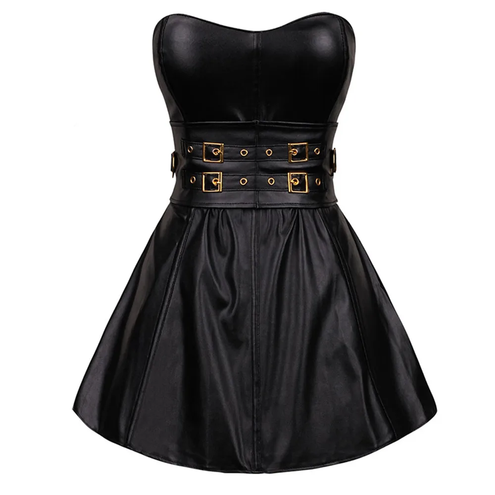 Women Fashion Black Faux Leather Strapless Sexy Corset Dress Body