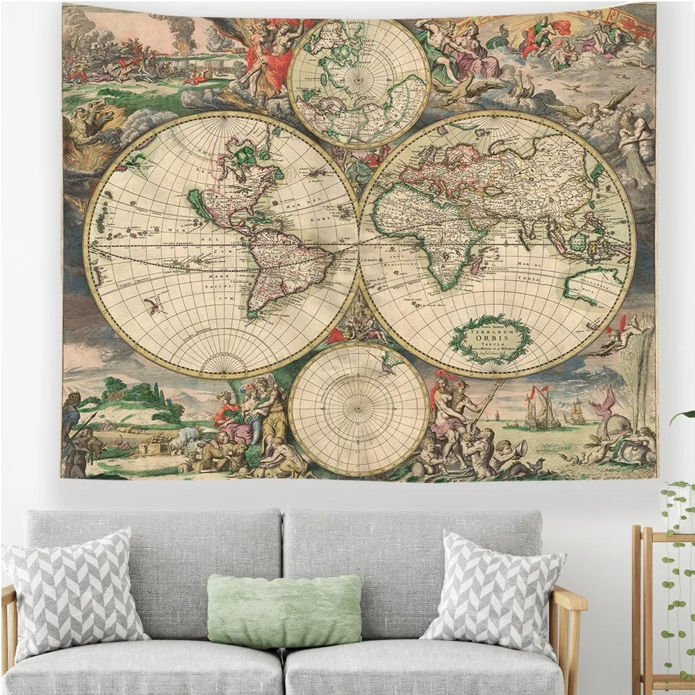 Древняя карта старого мира, настенный гобелен, винтажный, художественный, с принтом, карта, гобелен, подвесной, для украшения спальни