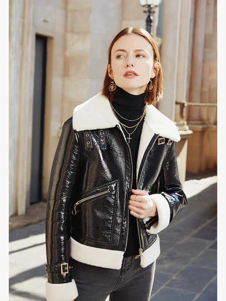 Chaquetas de sintética brillante para mujer, abrigo de piel de oveja natural con cuello y cremallera, con costura de a la moda, F858 - AliExpress Ropa de mujer