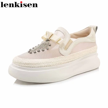 

Lenkisen new arrival leisure rhinestone air mesh straw sunscreen butterfly-knot waterproof vulcanized shoes slip on sneaker L82