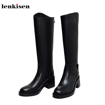 

Lenkisen genuine leather simple fashion knight boots high heels round toe Zipper classic winter warm women thigh high boots L79