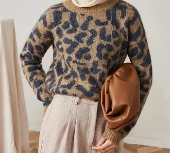 

2020 Women Leopard Mohair Sweater New Autumn Winter Women's Knitted O-neck Long Sleeve Casual Pullover Tops