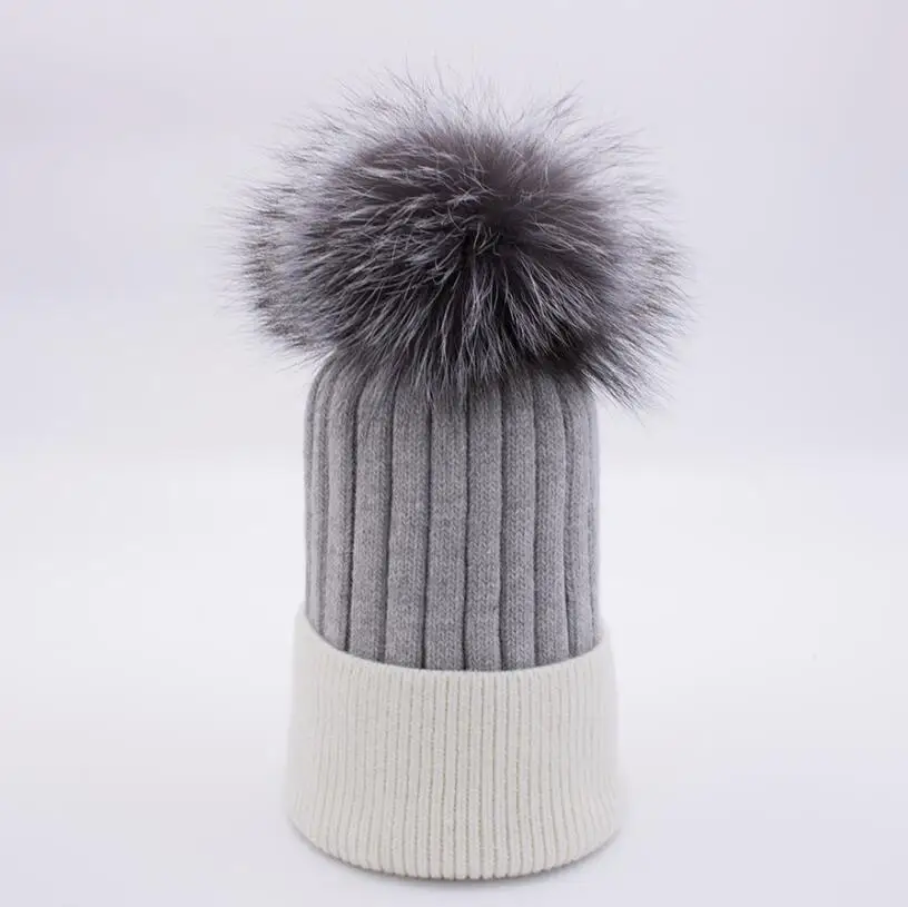 white grey silver YC Fur, зимние шапки, шапка s для женщин, двойные цвета, вязаные шерстяные шапочки, Skullies, с меховым помпоном большого размера, женская шапка - Цвет: white grey silver