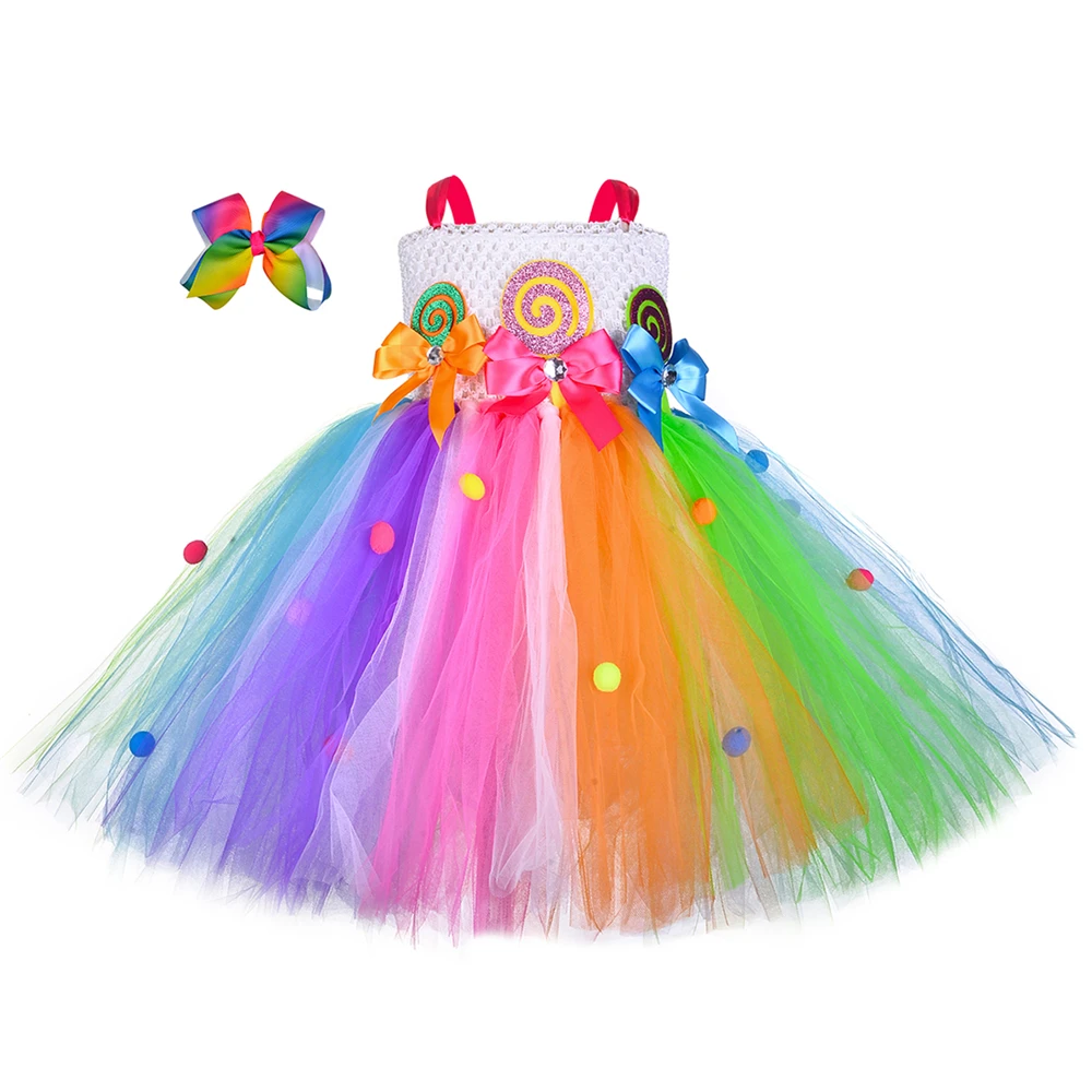 Dress with headband Платье ярких цветов; платье-пачка для девочек; платье принцессы с рисунком леденца; радужные платья для дня рождения; одежда на Пасху и Хэллоуин; костюм; - Цвет: Dress with headband