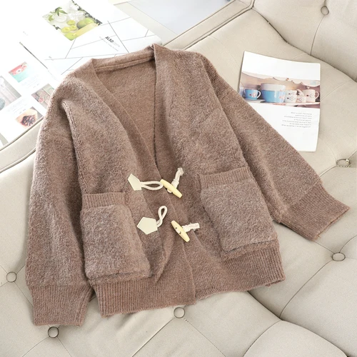 khaki Neploe/женский кардиган с роговыми пряжками, свободное трикотажное пальто, осенне-зимнее теплое мягкое Женское пальто с карманами, джемперы, верхняя одежда 55189 - Цвет: khaki