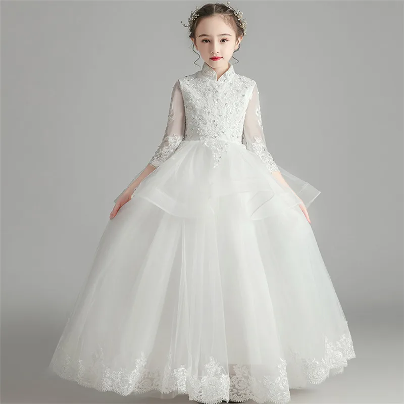 Осень-зима, элегантные вышитые кружевные цветы для маленьких детей, свадебное вечернее платье принцессы, детское платье для подростков