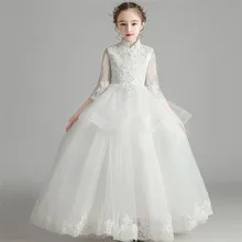 Осень-зима, элегантные вышитые кружевные цветы для маленьких детей, свадебное вечернее платье принцессы, детское платье для подростков