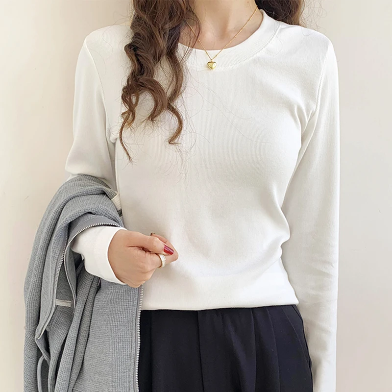 Women's Tshirt Spring Top White Basic O Neck Tshirt Tees Femme Long
