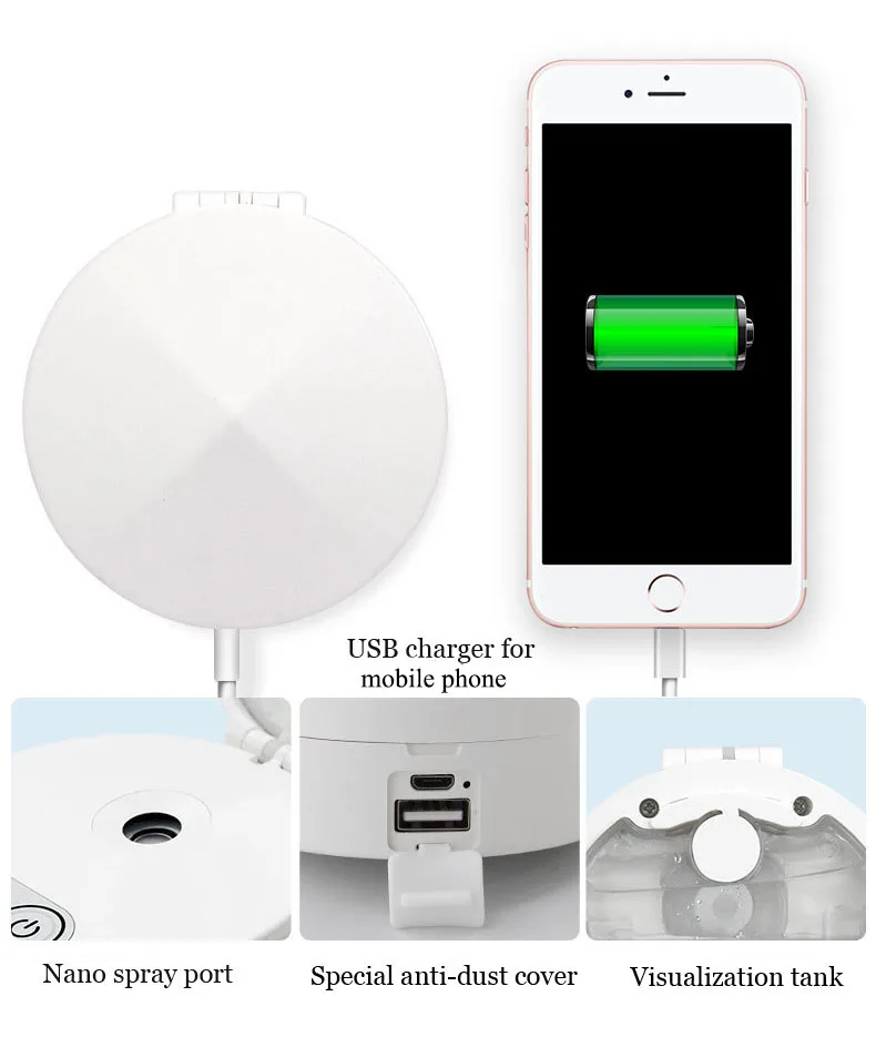 Nano Mist Sprayer Led Makeup Pocket Mirror USB Rechargable Mini Handy Face Steamer Pocket Mirror Makeup Light Mirrors Skin Care 5