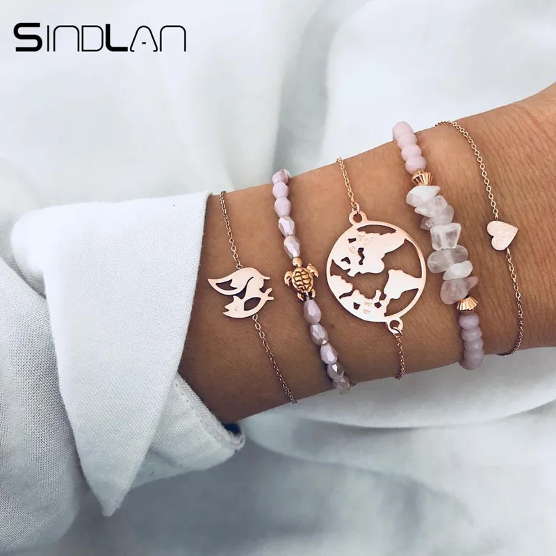 

Sindlan 5PCs Bohemia Fox Charm Bracelets Set Sweet Pink Crystal Boho Bead Bracelet Turtle World Map Heart Wrist Chain Bracelet