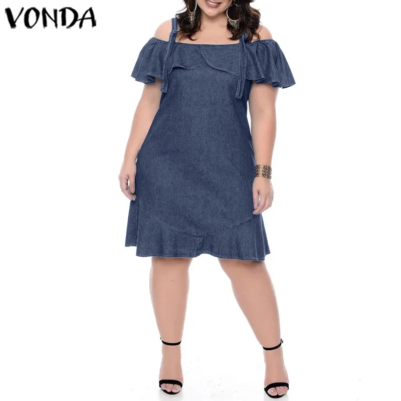 VONDA 2020 Demin Dress Sexy Strap Ruffled Party Maternity Dresses Casual Loose Solid Color Mini Sundress Beach Pregnancy Robe