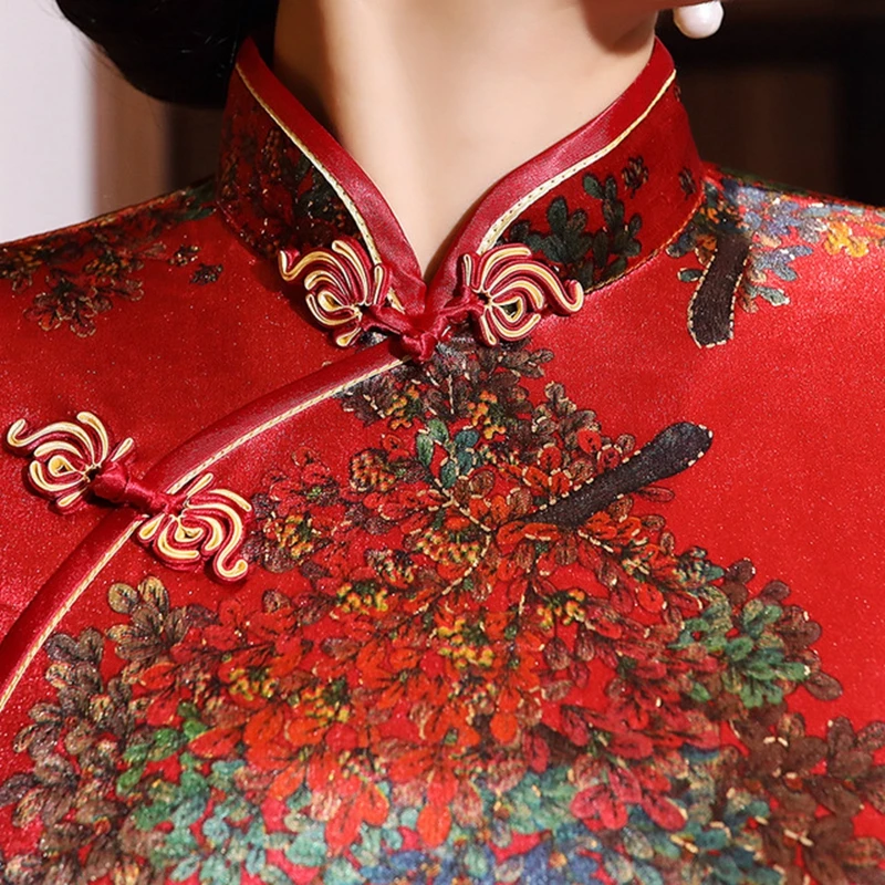 XL элегантный Улучшенный модный короткий рукав cheongsam с золотым бархатным принтом cheongsam женская Ретро короткая юбка
