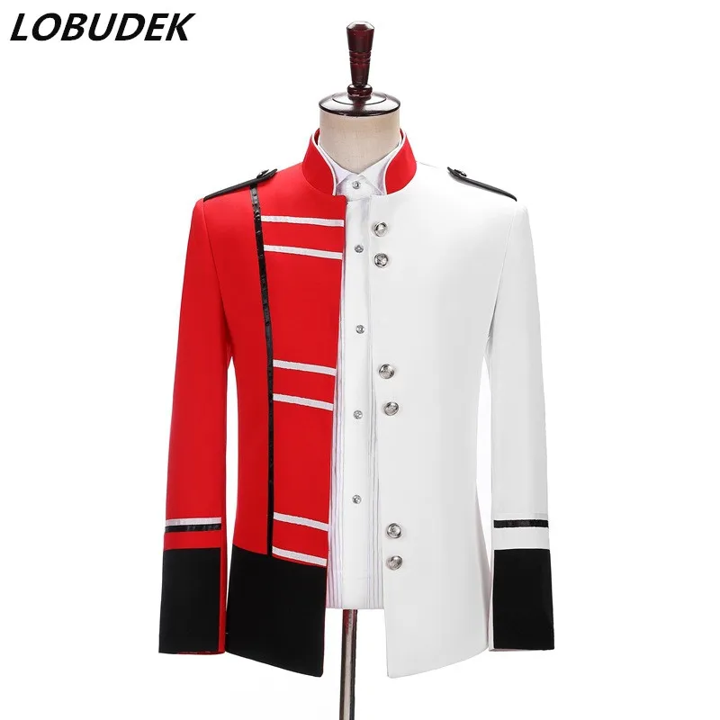 

Men Splice Design Red White Stand Collar Blazers European Court Stage Military Uniform Costume Bar Singer Host Performance Coat