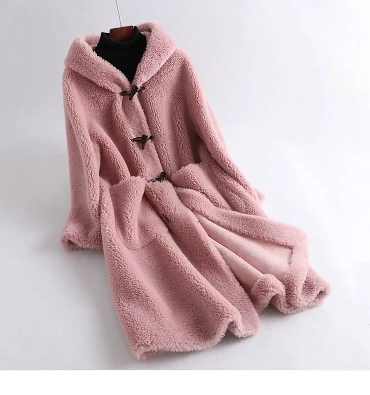 Женское зимнее пальто из натурального меха, негабаритная оторочка из овечьей шерсти с капюшоном, куртка, женское теплое пальто из овечьего меха, Manteau Femme Z48