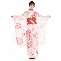 Women's Japanese Traditional Long Sleeve Kimono Beautiful Pink Floral Prints Formal Yukata Cosplay Wear Performing Dress
