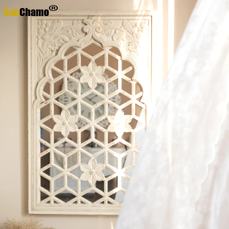 

French Carved Wall Decoration Window False Window Frame Mirror Solid Wood Retro Simulation Wall Mirror Background