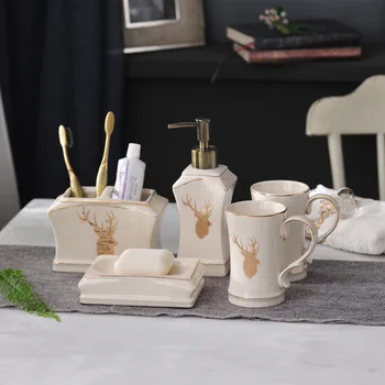 

Creative light luxury ceramic toiletries 5 piece set Bathroom lotion bottle toothbrush holder soap dish Send a friend gift