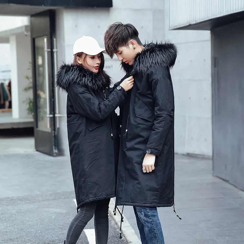 Одежда для пар, зимний тренд, Ulzzang, средняя длина, хлопковая стеганая одежда, мужская Толстая хлопковая куртка с меховым воротником fu da