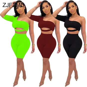 

Neon Green Sexy Two Piece Set Summer Clother For Women One Shoulder Half Sleeve Crop Top Biker Shorts Lounge Wear Club Outfits