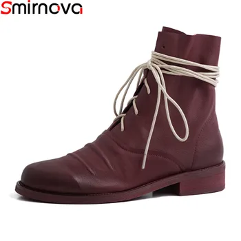

Smirnova 2020 New Brand genuine leather ankle boots med heels round toe casual ladies shoes fashion lace up winter women boots
