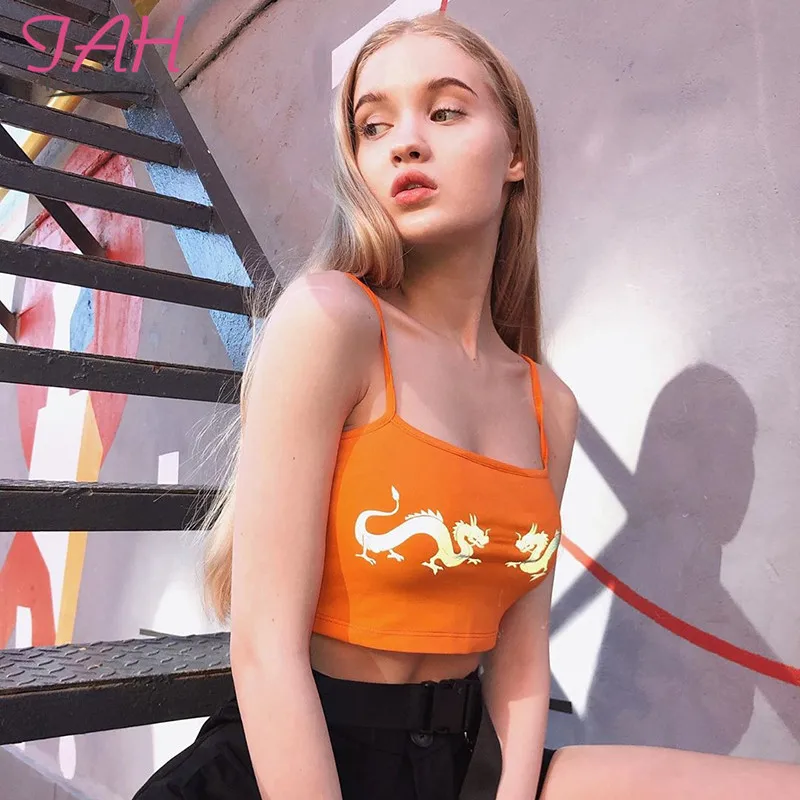 

Iamhotty Orange Camis Women Reflective Dragon Printed Tank Tops Sleeveless Backless Short Summer Vest