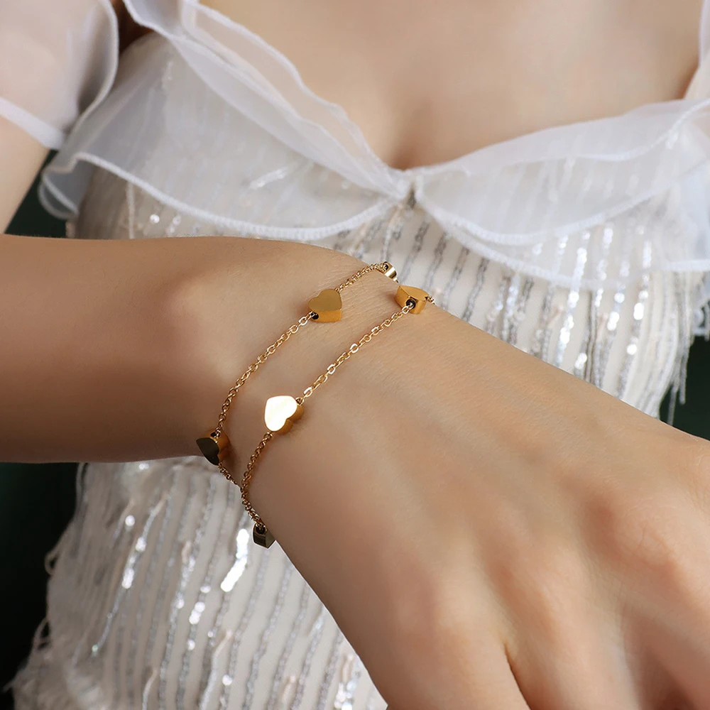 minapon18金2重ハートブレスレット Fashion Heart Double Layer Bracelet For Women Adjustable
