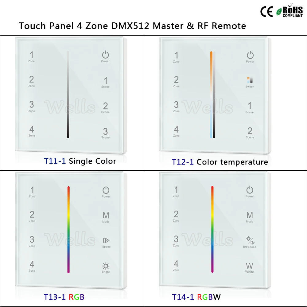 

T11-1/T12-1/T13-1/T14-1 Touch Panel 4 Zone DMX512 Master & RF Remote for single color/color temperature/RGB/RGBW led strip