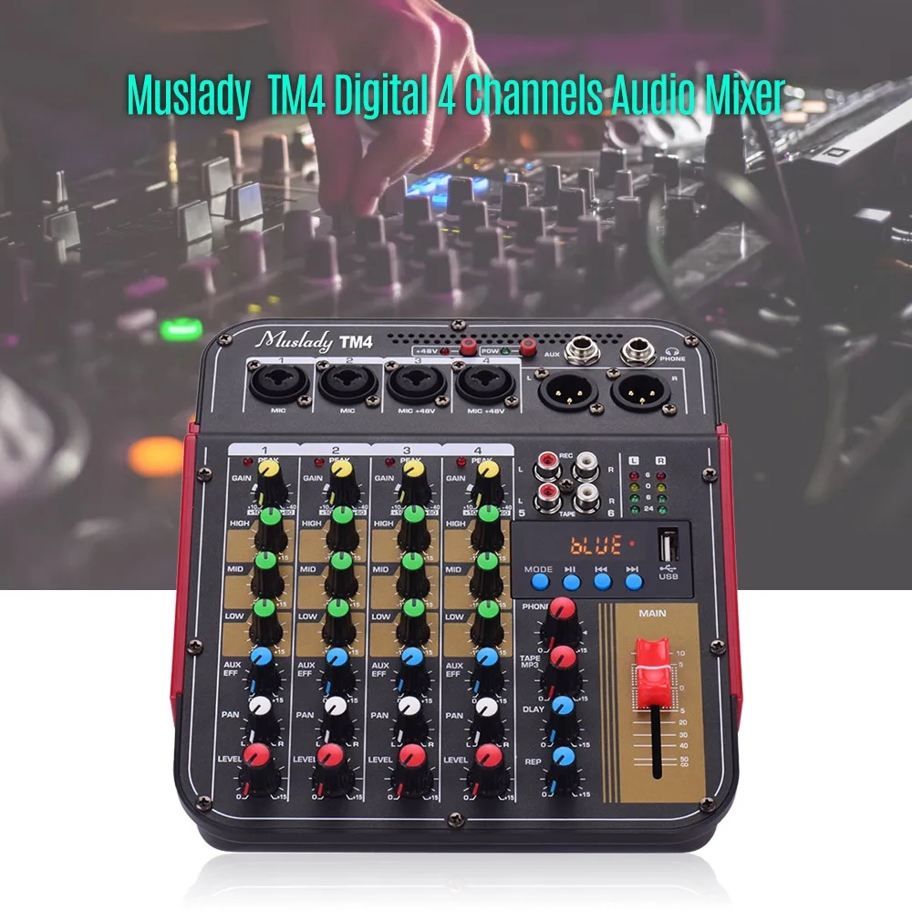 Muslady TM4 цифровой 4 канальный аудио смеситель микшерный пульт встроенный 48В