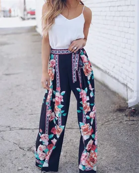 

2020 Boho Style Loose Women Bohemian Long Pants Bottoms Trousers Wrap Women Ladies High Waist Wide Leg Pants Floral Print Pants